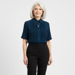 Vintage Made in Korea Deep Blue Button Down Shirt Floral Embroidery Sleeves